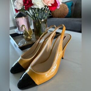 Prada Yellow and Black Patent Leather Slingback Heels